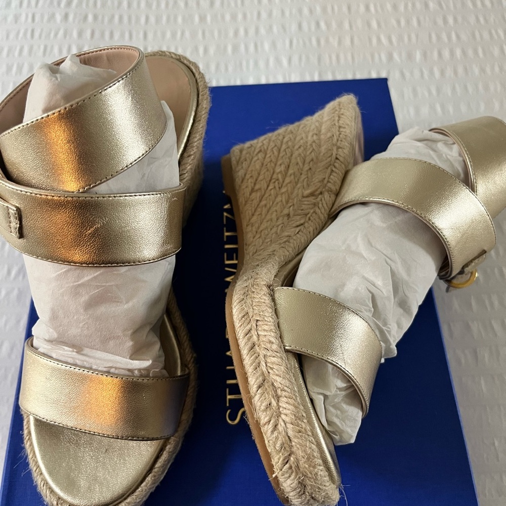 Stuart Weitzman Gold Wedge Shoes with Metallic Straps